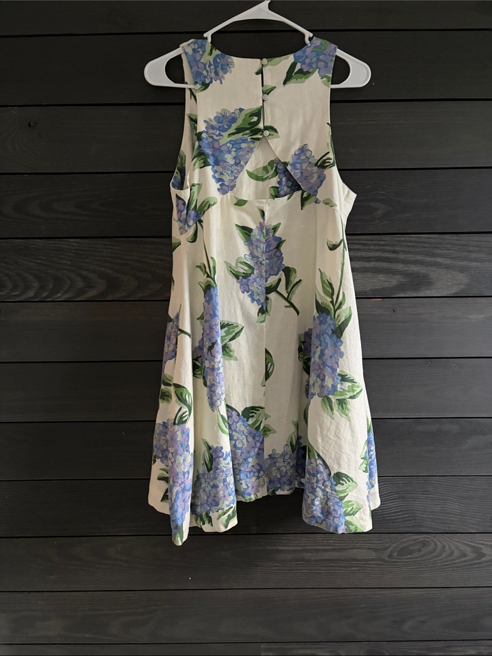 Linen Cream Floral A-Line Dress with Blue Hydrangea Print - Picture 2 of 4